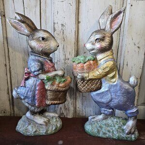 Faux Chocolate Foil Easter Bunny Rabbits Figurine Couple Large Table Decor 19"
